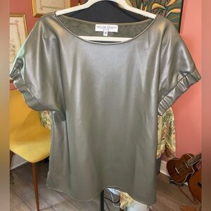 Inclan Studio Olive Green faux leather blouse with puff sleeves M . Retail $200